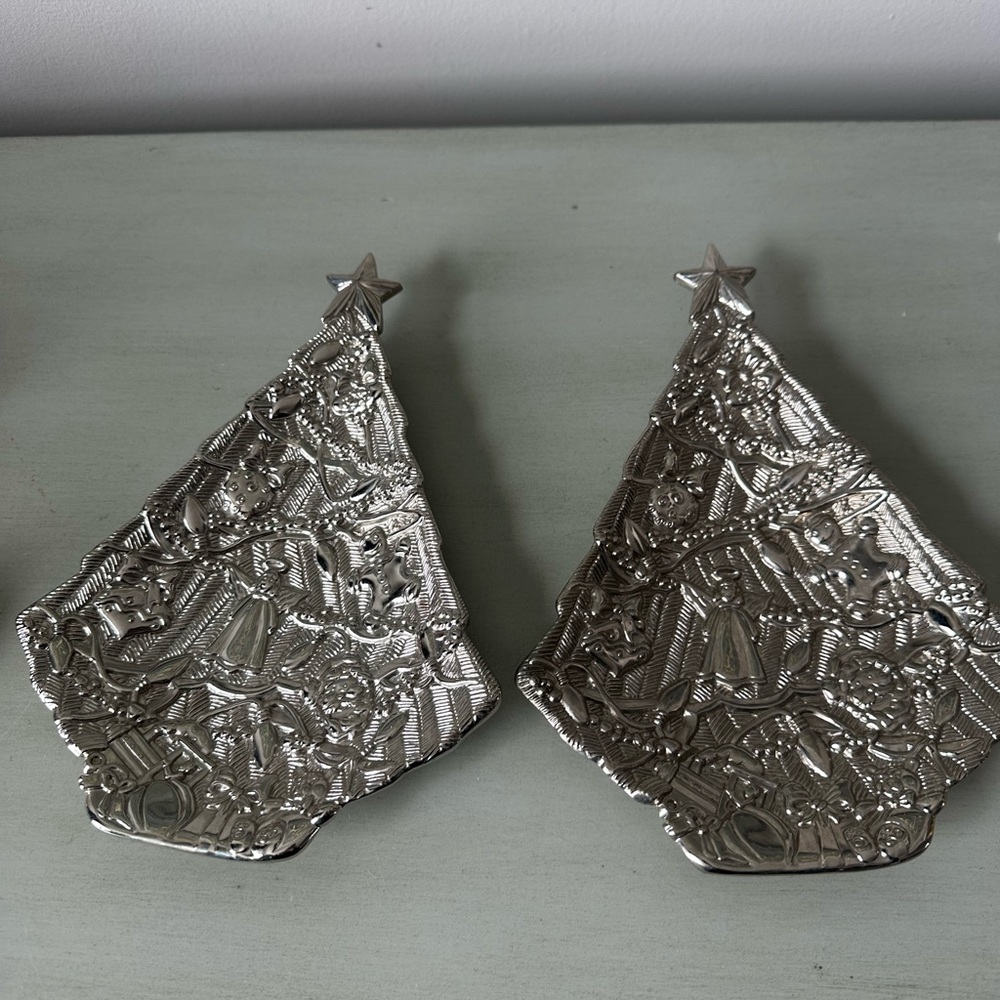 Gorham silver Christmas tree dishes plates set of two embossed
